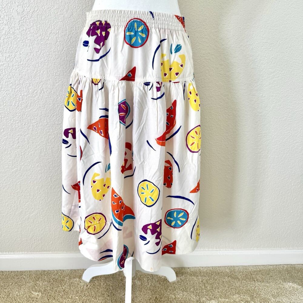 Vintage Happy Legs Skirt Womens Sz 5 Fruit Print Elastic Waist Midi Retro Art